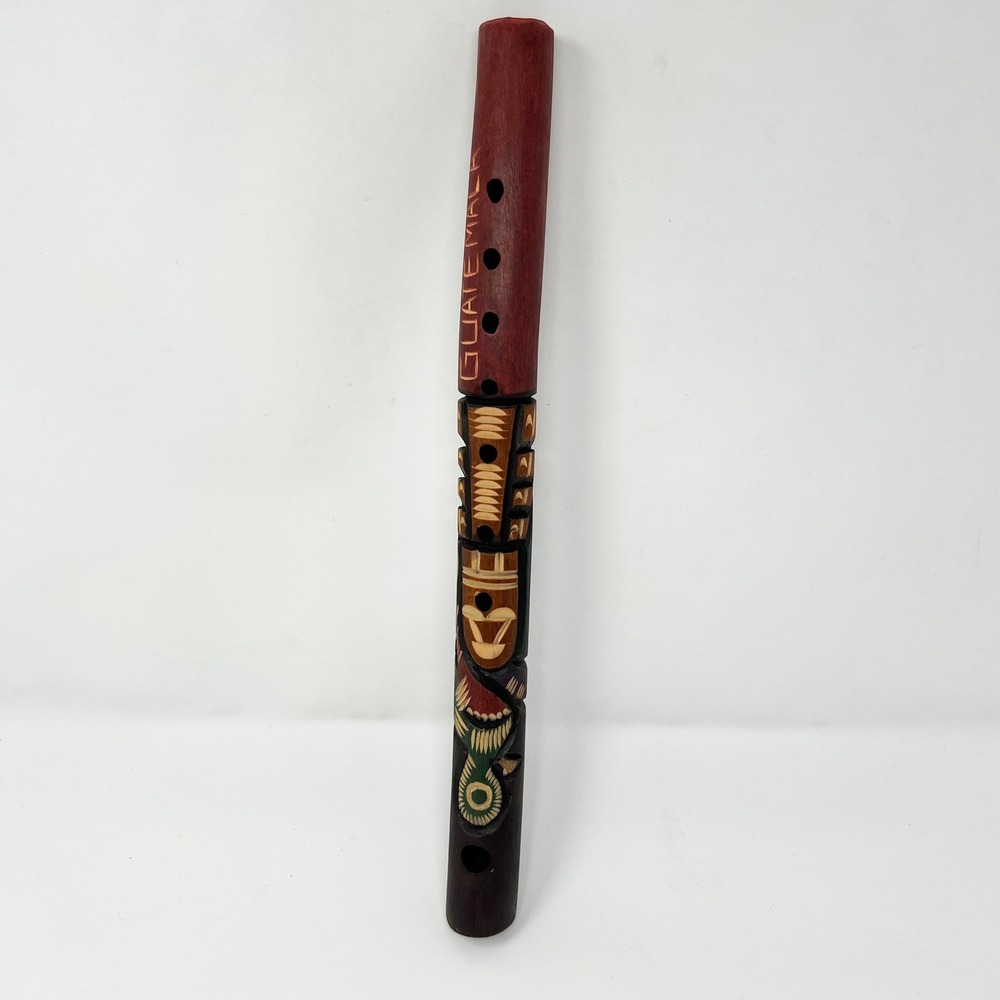 Handmade Wood‎ Guatemalan Hand Carved Flute Totem Musical Instrument 16" Long